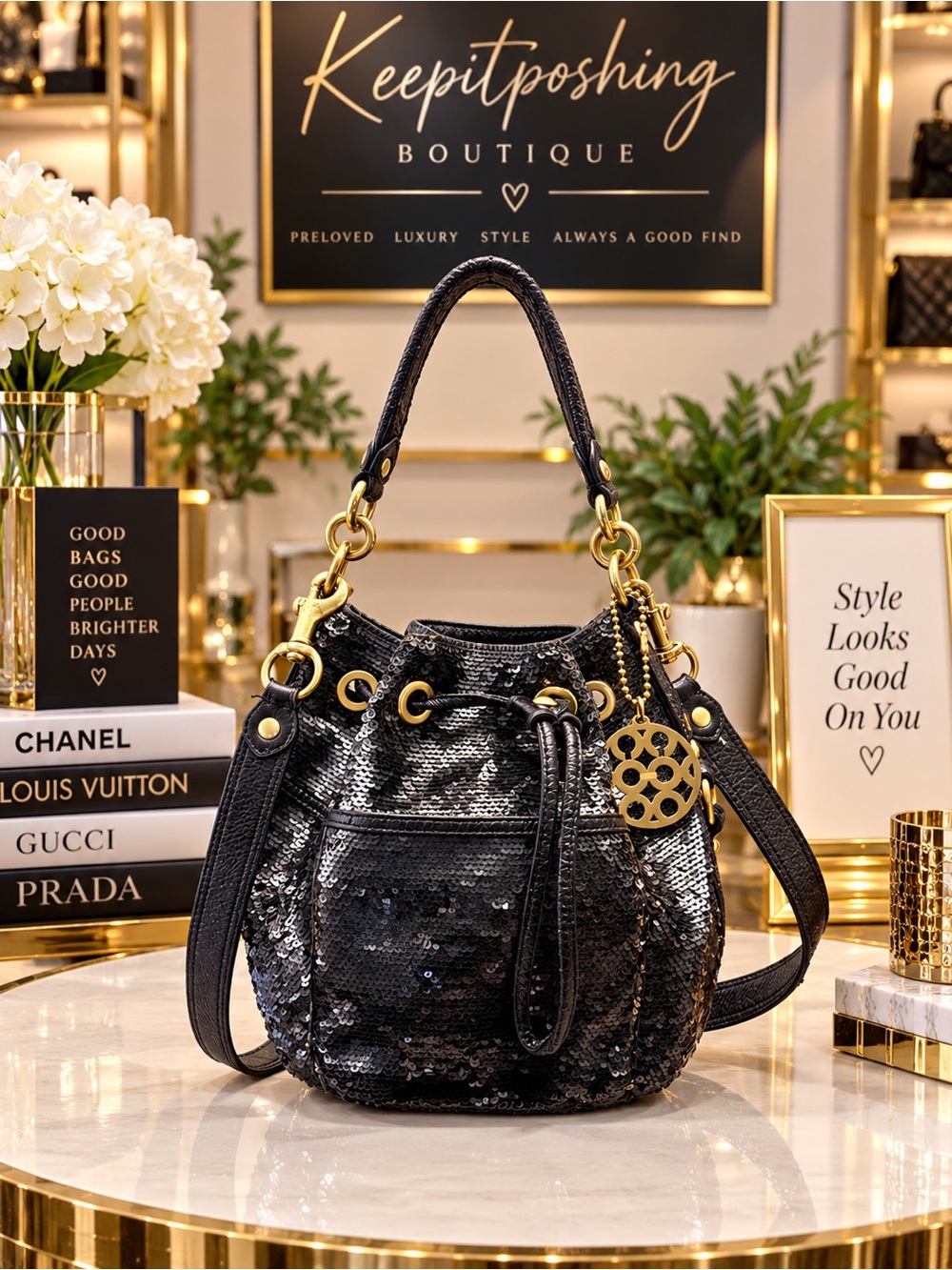 Coach Darren Green Sequin Bucket Bag with Gold Hardware